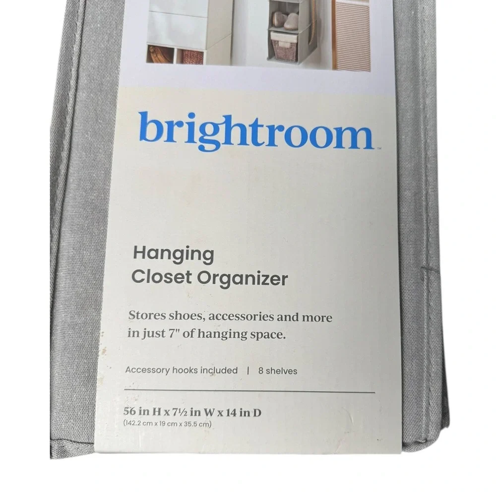 Brightroom 8 Shelf Hanging Closet Organizer Gray with Accessory‎ Hooks 56x7.5x14